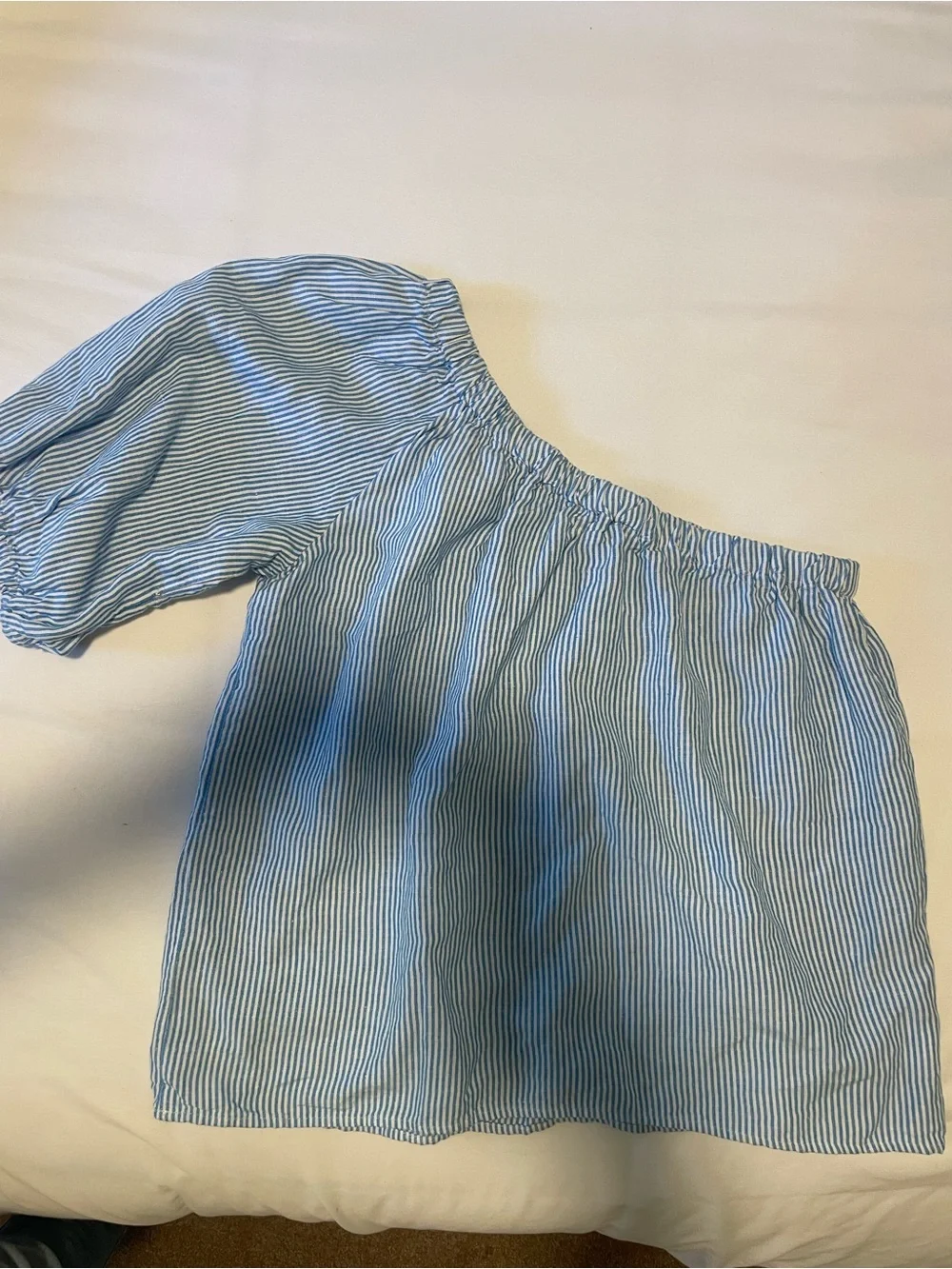 LOFT Light Blue and White Striped Off-Shoulder Top